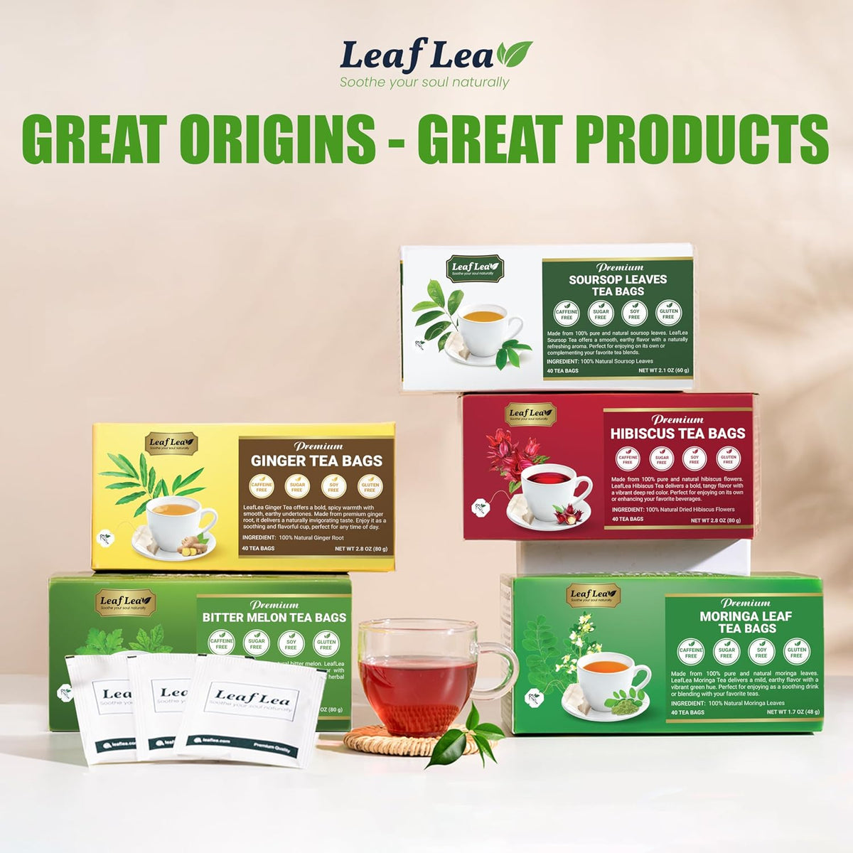 LeafLea Ginger Root Tea Bags, Real Ginger Herbal Tea, 80 Count