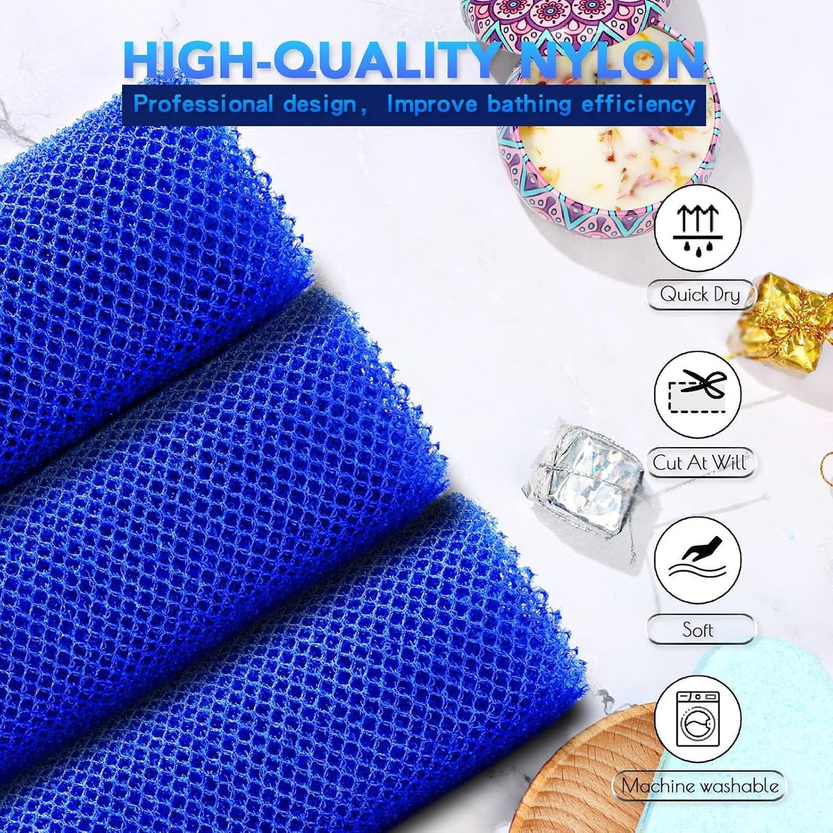 UJFQBH 3 Pack African Net Sponge, African Exfoliating Net Bath Sponge Long Net Bath Sponge Exfoliating Shower Body Scrubber Back Scrubber Skin Smoother,Great for Daily Use (Pink,Yellow,Purple) - Colors A