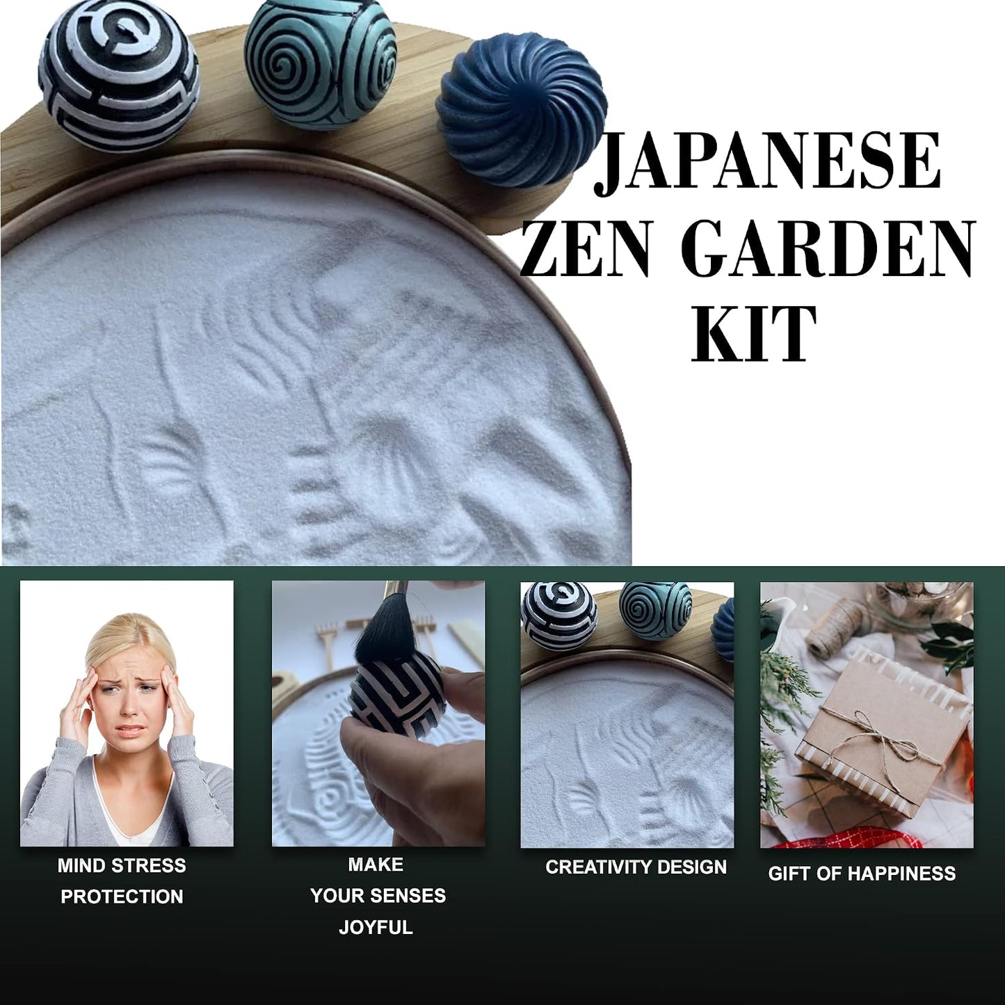Japanese Zen Garden Kit for Desk | 9.5" Bamboo Sand Tray | 3 Resin Stamp Spheres | Meditation Accessories | 6 Mini Garden Rake | Decor Gifts
