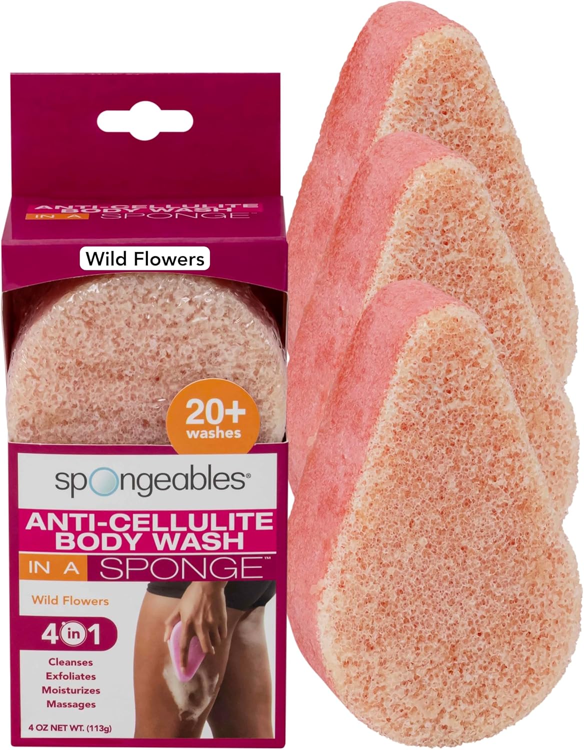 Spongeables Anti Cellulite Body Wash in a 20+ Wash Sponge, Citrus, 3 Count