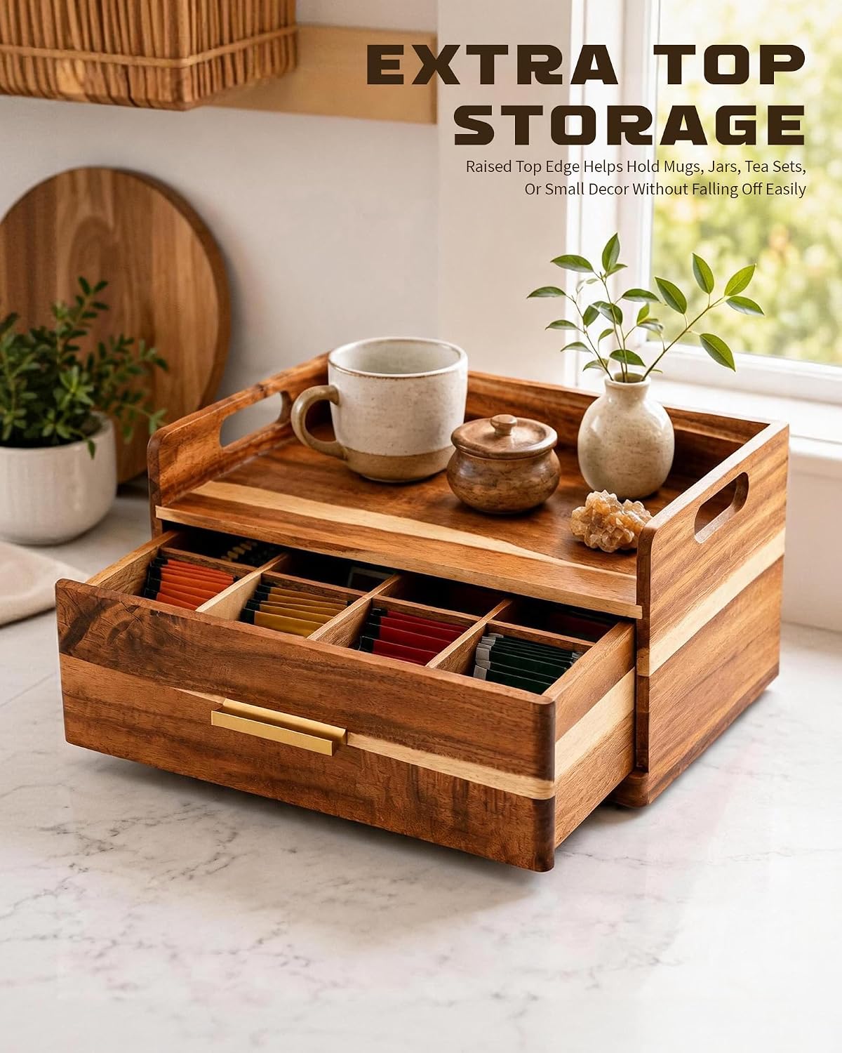 Acacia Wood Tea Bag Organizer for Countertop, Tea Holder Organizer with Storage Drawer