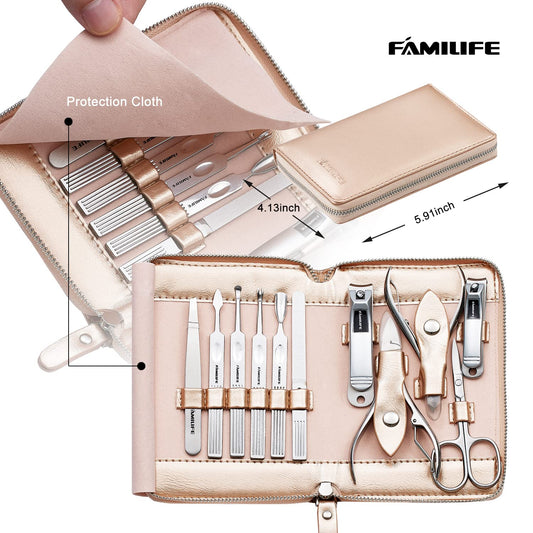 FAMILIFE Stainless Steel Manicure Set 11-in-1 Professional Nail Clipper Kit
