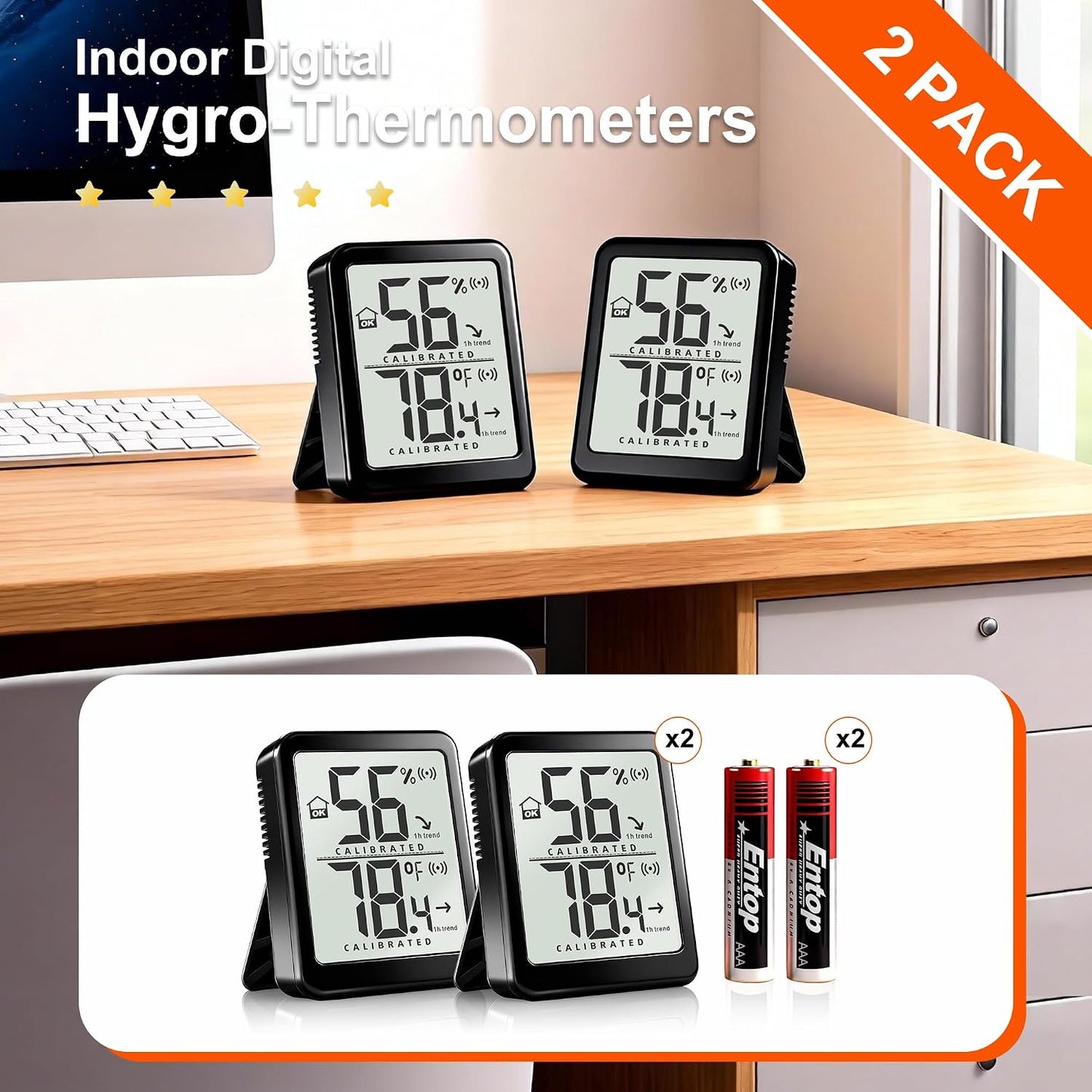 Antonki 2 Pack Room Thermometer Small Hygrometer Indoor Humidity Monitor Sensor, Digital Temperature and Humidity Meter Gauge for Home, Baby Nursery, Reptile, Greenhouse - Battery Included