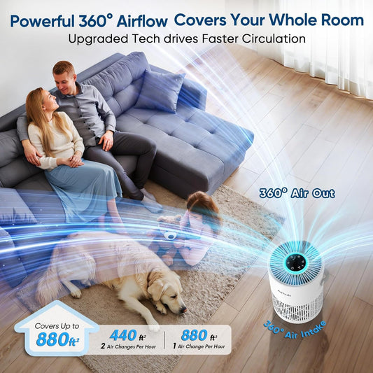 Air Purifier for Bedroom Home, Covers Up to 880 Ft², True HEPA Quiet 3-in-1 Air Purifiers Filter, 20dB Sleep Mode, Air Cleaner, 360° Intake, Remove Dust, Smoke, Pet Dander & Odors, White