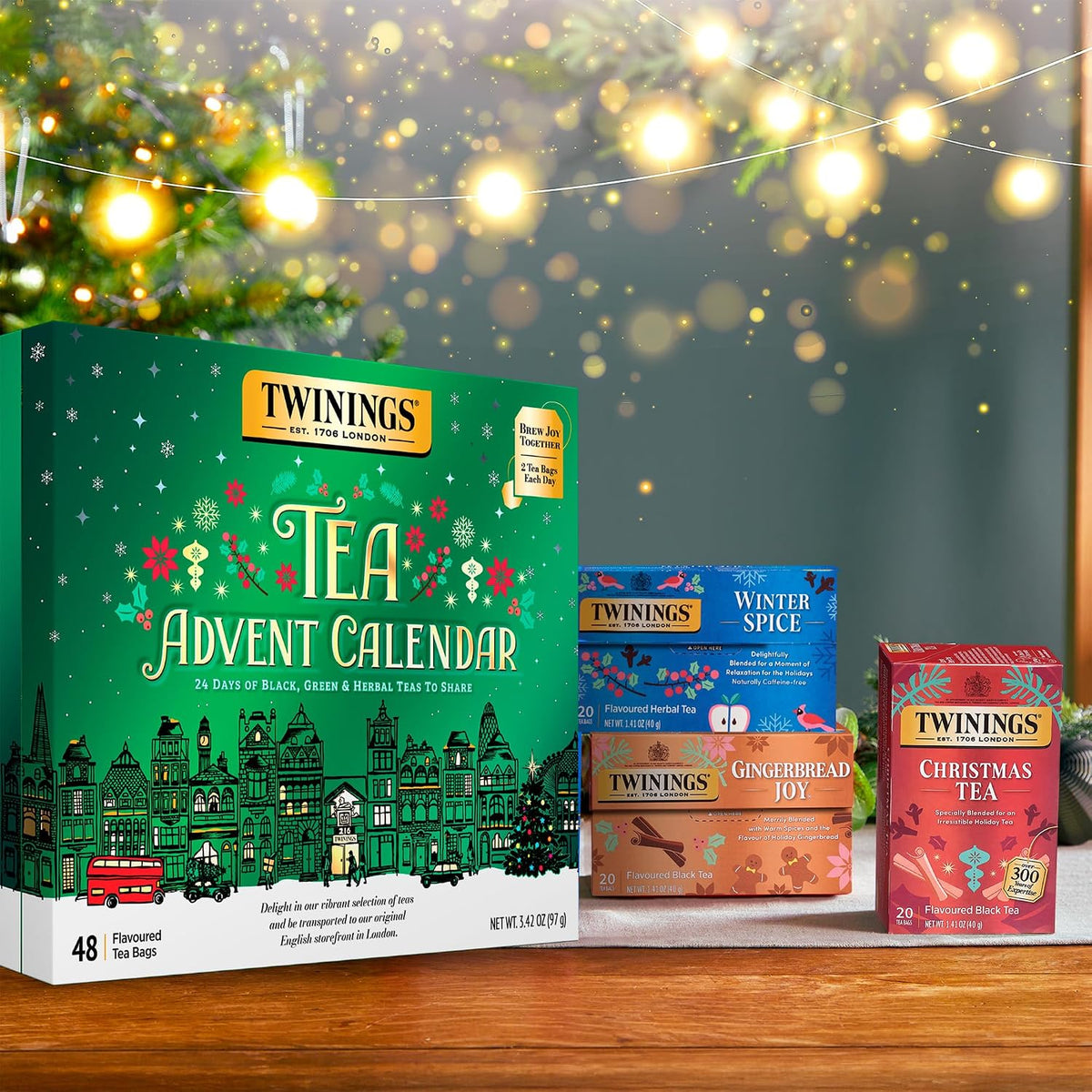 Twinings Tea Advent Calendar Gift Set, 24-Day Holiday Sampler with Black, Green & Herbal Teas, Christmas Countdown Box for Tea Lovers, Brew Joy Together, 48 Count (Pack of 1), 48 Tea Bags