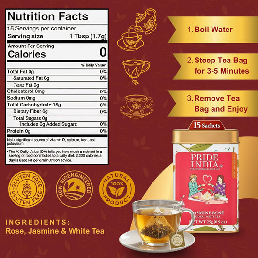 Pride of India Jasmine Rose Floral White Tea – 15 Pyramid Tea Bags | Individually Wrapped Full Leaf White Tea with Rose & Jasmine | Sweet Flavor Low Caffeine Tea for Smooth Calming Experience