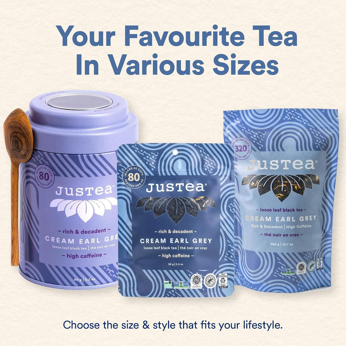 JusTea CREAM EARL GREY Loose Leaf Black Tea, 40+ Cups Pouch, 4/5 Caffeine