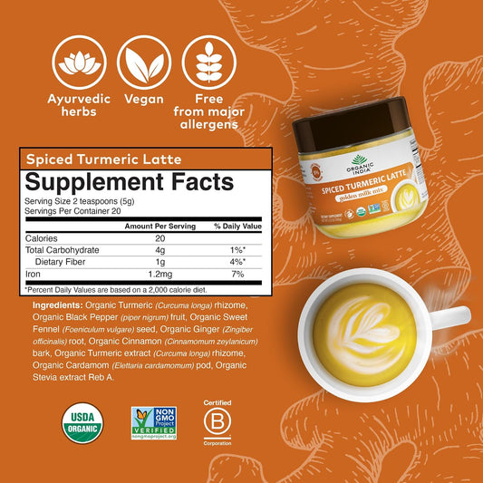 ORGANIC INDIA Spiced Turmeric Latte Powder, Golden Milk Mix, Vegan, 3.52 Oz