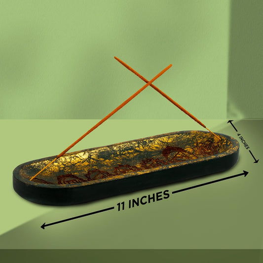 Hand Carved Incense Holder-Incense Burner/Ash Catcher/Handmade Wooden Insence Tray – Modern Gift Home/Room/Seven Chakra Blue Gold Kitchen Décor Size 11x4x1.5 Inches