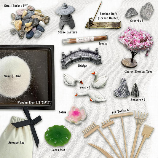 SRAYW Zen Garden Kit for Desk Decor. 11x7.5'' Beautiful Japanese Mini Zen Garden Meditation Gifts Set for Home,Office Desk&Meditation Room.6 Tools & 18 Accessories. Zen Sand Tray Therapy