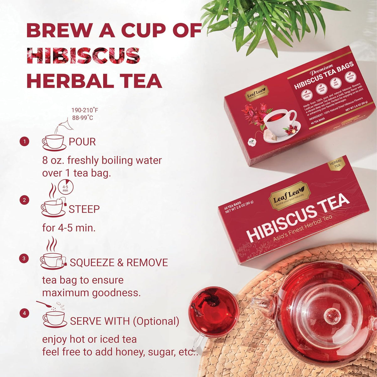 LeafLea Premium Hibiscus Flowers Tea Bags, Rich Flavor & Color, 240 Count