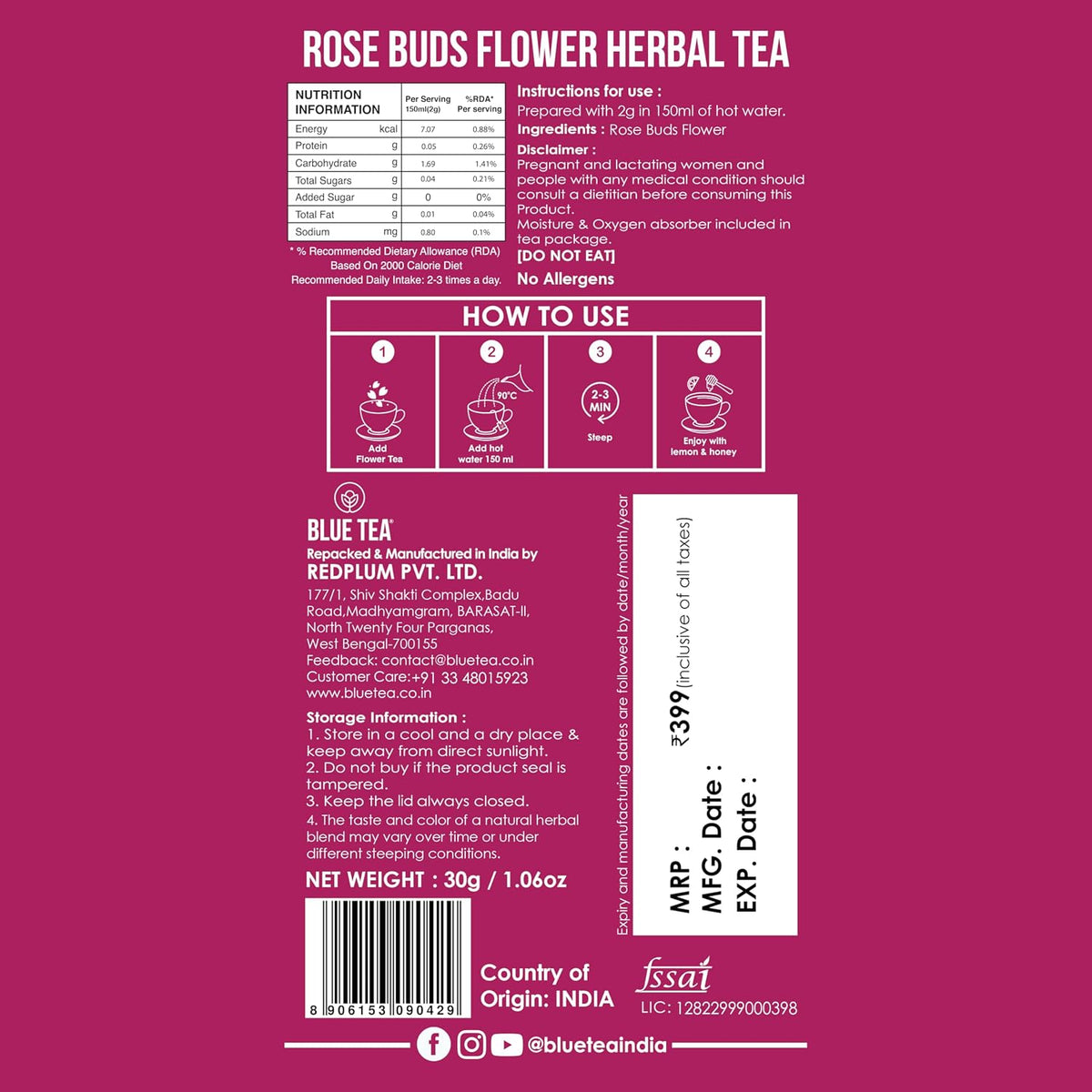 BLUE TEA - Rose Buds Tea - 1.05 Oz (30+ Cups) Loose | Rich in Vitamin-C - For Hair & Skin | Caffeine Free - Flower Based - Herbal Tea - Non Bitter | Reusable Pet Jar