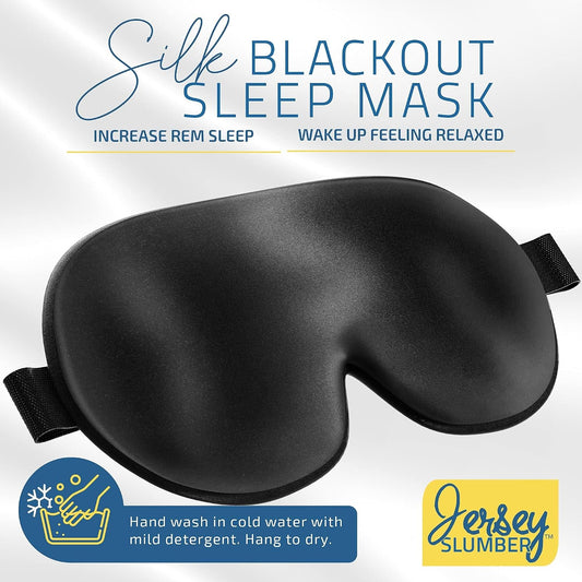 Jersey Slumber 100% Silk Sleep Mask for Women Men Side Sleeper - Light Blocking Eye Mask for Sleeping, Zero Pressure Soft Blindfold, Adjustable Strap, Silk Eye Cover for Travel Nap - Black