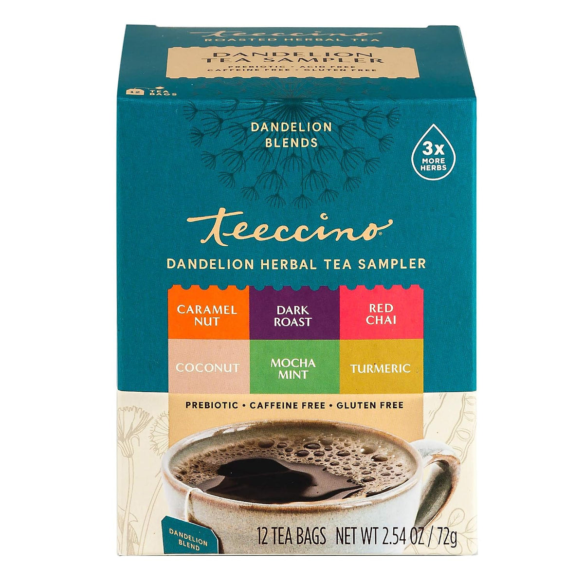 Teeccino Dandelion Tea Sampler - 12 Tea Bags - Caramel Nut, Coconut, Dark Roast, Mocha Mint, Red Chai, Turmeric - Caffeine-Free, Roasted Herbal Tea with Prebiotics, Gluten-Free