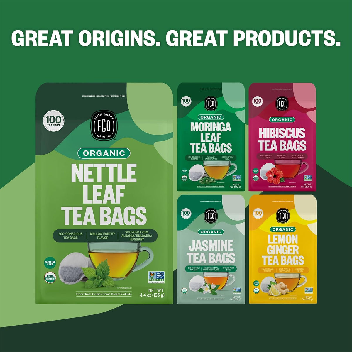 FGO Organic Nettle Leaf Tea, 100 Count, Eco-Conscious Tea Bags, Caffeine Free, Resealable Bag, Packaging May Vary (Pack of 1)