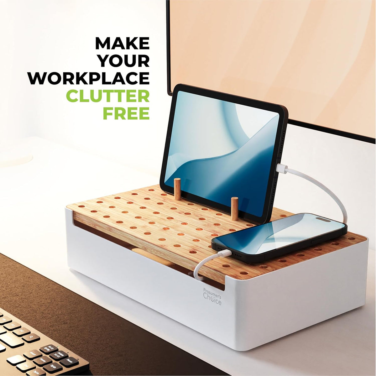 Prosumer's Choice Bamboo Charging Station - Multi Charger Organizer Desk Docking for Phones, Tablets, Laptop Wooden with Removable Dividers Cables Not Included