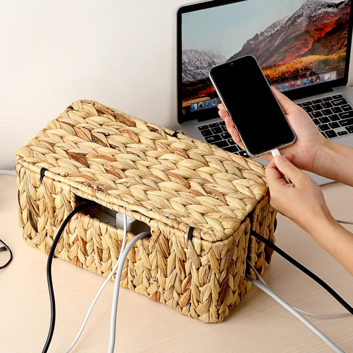 BTSKY Woven Cable Management Box with Lid Water Hyacinth Cord Organizer, S
