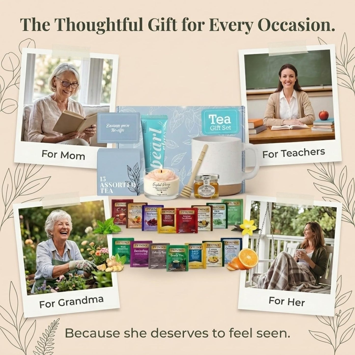 Tea Gift Set for Women – 15 Assorted Teas, Premium Ceramic Mug, Soy Wax Candle, Hand Crème & Honey | Tea Sets for Adults, Tea Gift Box for Birthday, Get Well, Self Care, Teacher