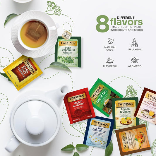 Twinings 48 Tea Bags Herbal Variety Pack – 8 Flavors Individually Wrapped, Mix of Black, Green, and Herbal Teas, Perfect Tea for Any Occasion
