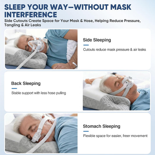 CPAP Pillow for Side, Back & Stomach Sleepers, Adjustable Cervical Memory Foam Neck Pillow with Cooling Cover & Mask Cutouts, Ergonomic CPAP Bed Pillow to Reduce Air Leaks & Mask Pressure