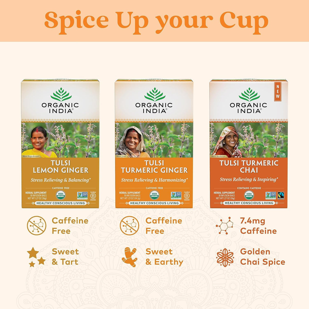 ORGANIC INDIA Tulsi Turmeric Ginger Herbal Tea, 18 Infusion Bags, 6 Pack