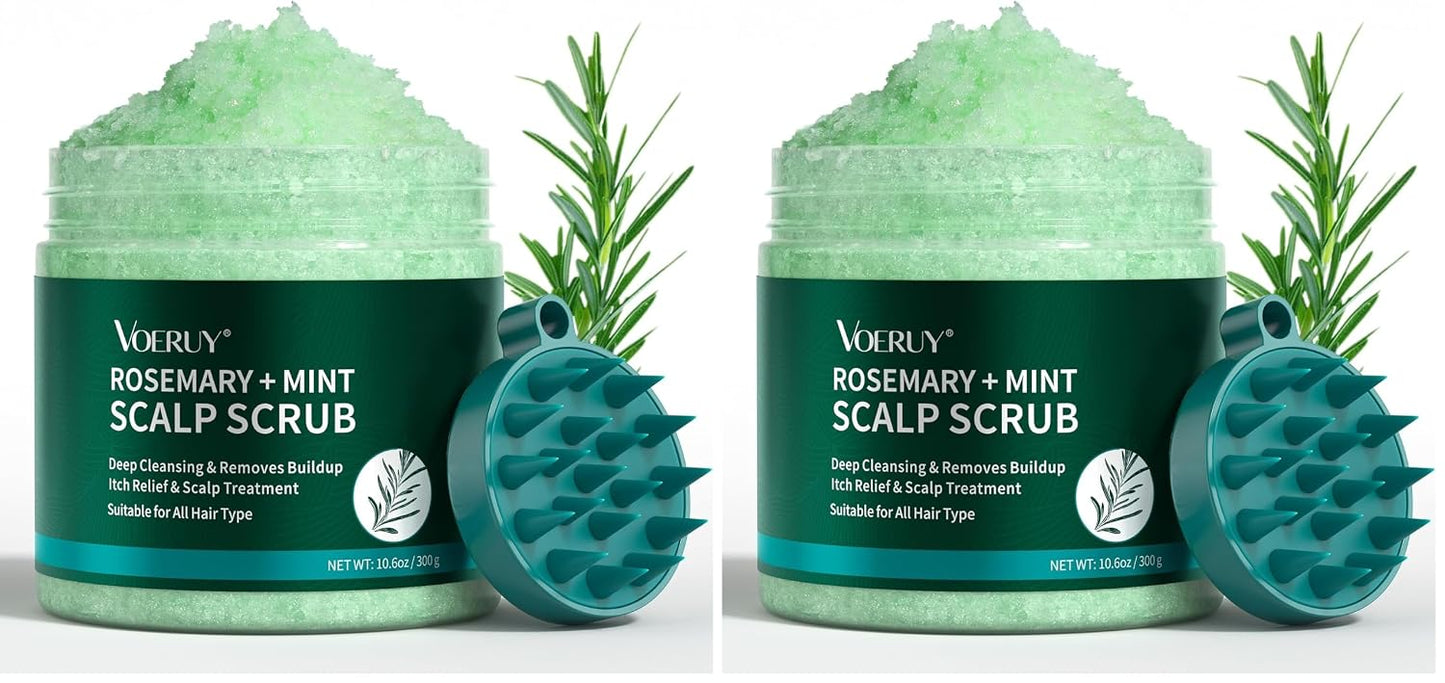 VOERUY Scalp Scrub, Rosemary Scalp Exfoliator Scrub Shampoo, 2-in-1 Scalp Treatment with Mint Oil, Hair Treatment to Clarify and Remove Build Up with Silicone Scalp Massager, 10.6oz/300g