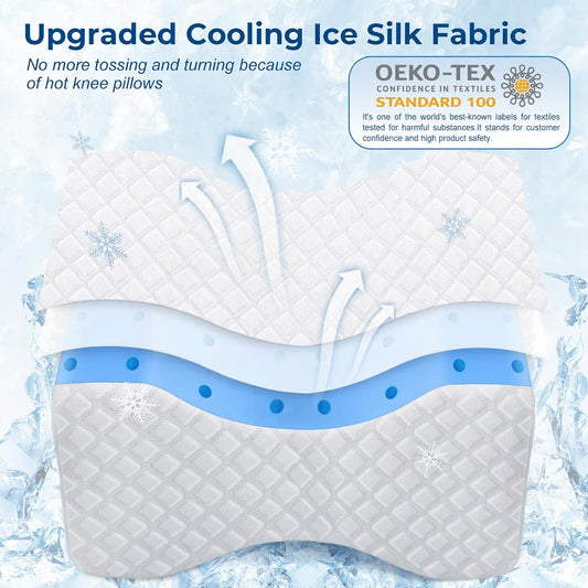 KingPavonini Cooling Knee Pillow for Side Sleepers, Gel Memory Foam Leg Pillows for Side Sleeping with Ice Silk Cover and Strap, Knee Pillow for Back Hip Pain, Spine Aligning, Sciatica, Pregnancy