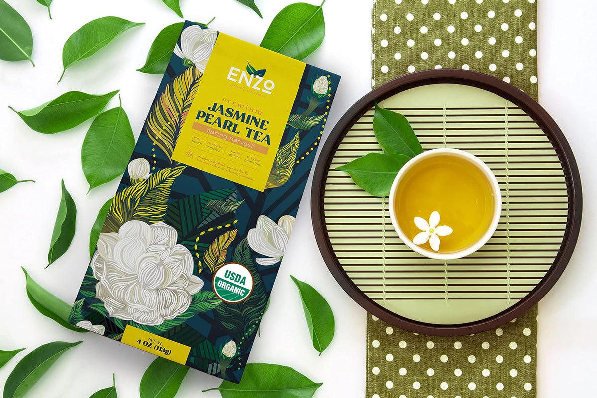 Organic Jasmine Green Tea Pearls - 4oz 113g - Dragon Pearl Tea by Enzo - Experience Soothing Scent of Jasmine Mellows Awaking Caffiene of Green Tea Pearl (Jasmine)