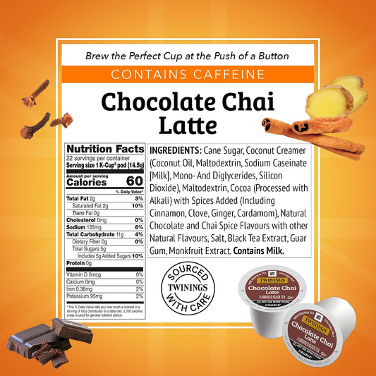 Twinings Chocolate Chai Latte Tea K-Cup Pods for Keurig, 22 Count (Pack of 1), Velvety Smooth Cocoa with Real Spiced Tea, Caffeinated, Enjoy Hot or Iced