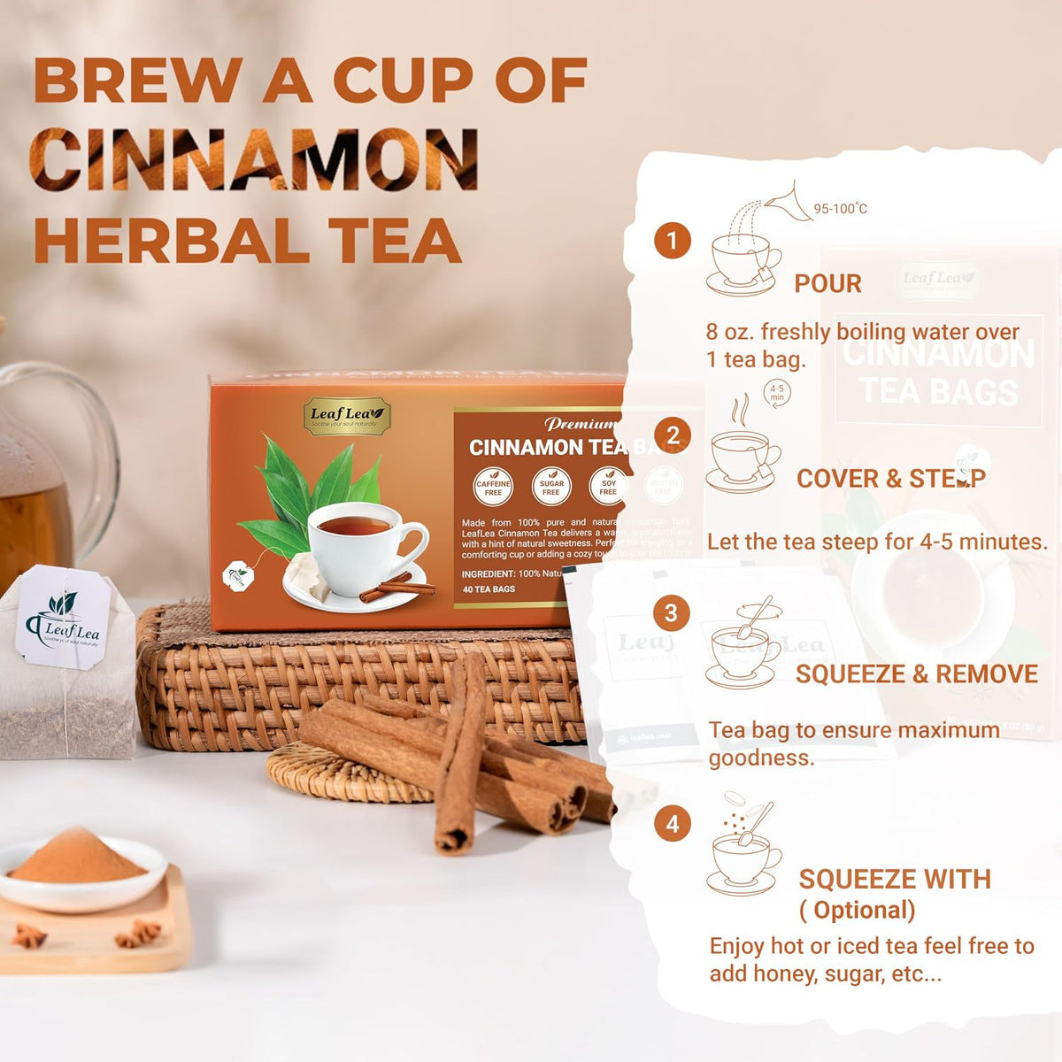 LeafLea Cinnamon Tea Bags, Bold Ground Cinnamon Spice, Sugar-Free, 80 Count