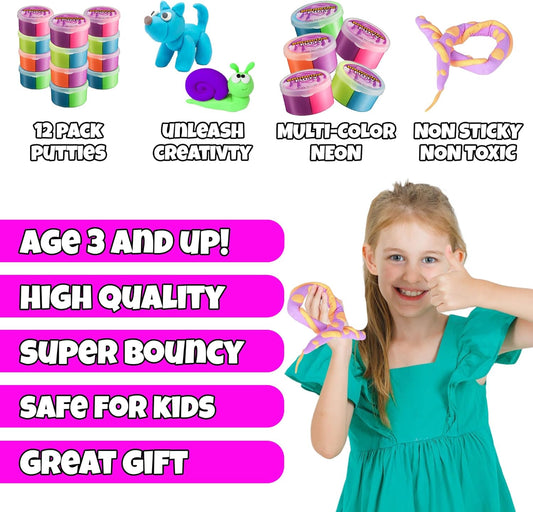 Neon Bouncing Putty – (Bulk Pack of 12) Fluffy DIY Slime Ball Sensory Toys for Kids, Assorted Rainbow Colors Bouncy Slime Party Favor, Stocking Filler and Goodie Bags Stuffers for Kids Birthday Party
