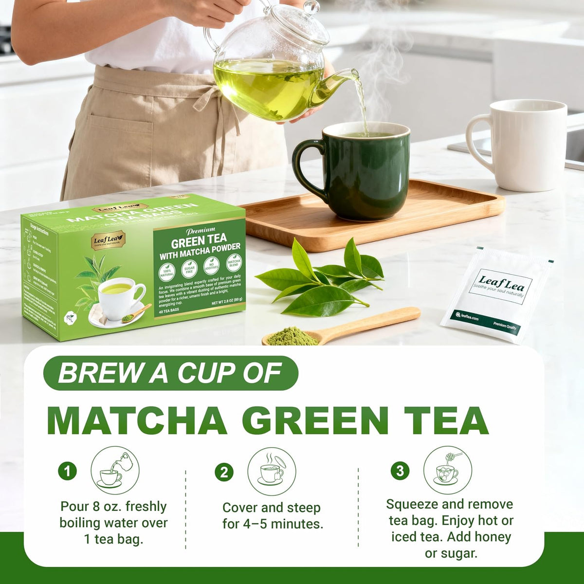 LeafLea Matcha Green Tea Bags, 80 Individually Wrapped, Stock-Up 2-Pack
