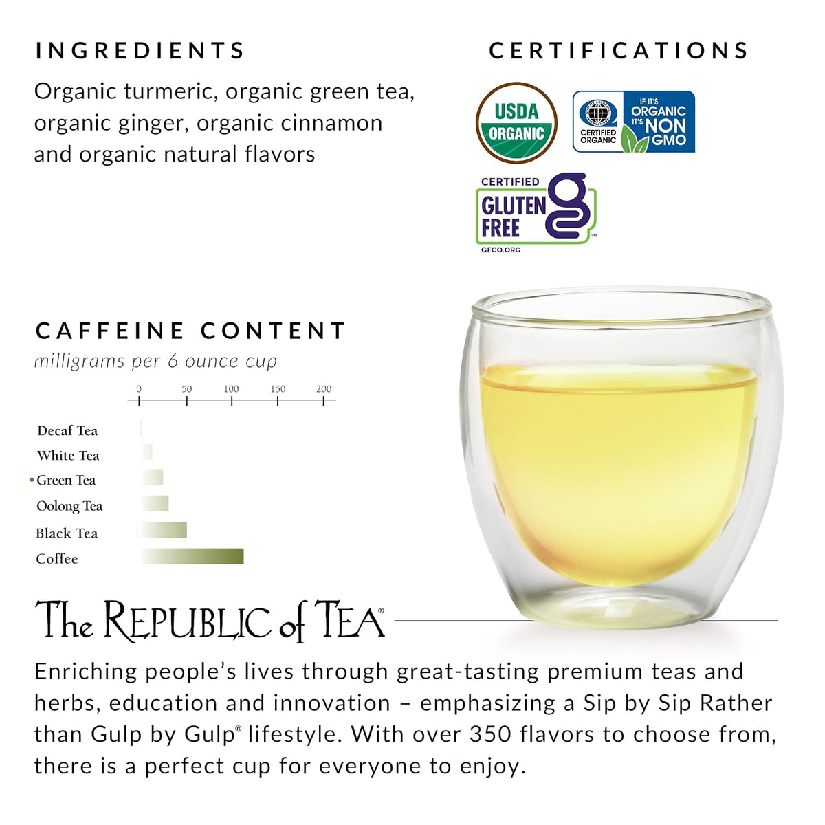 The Republic of Tea Organic Turmeric Ginger Green Tea, Low Caffeine, 50 Ct