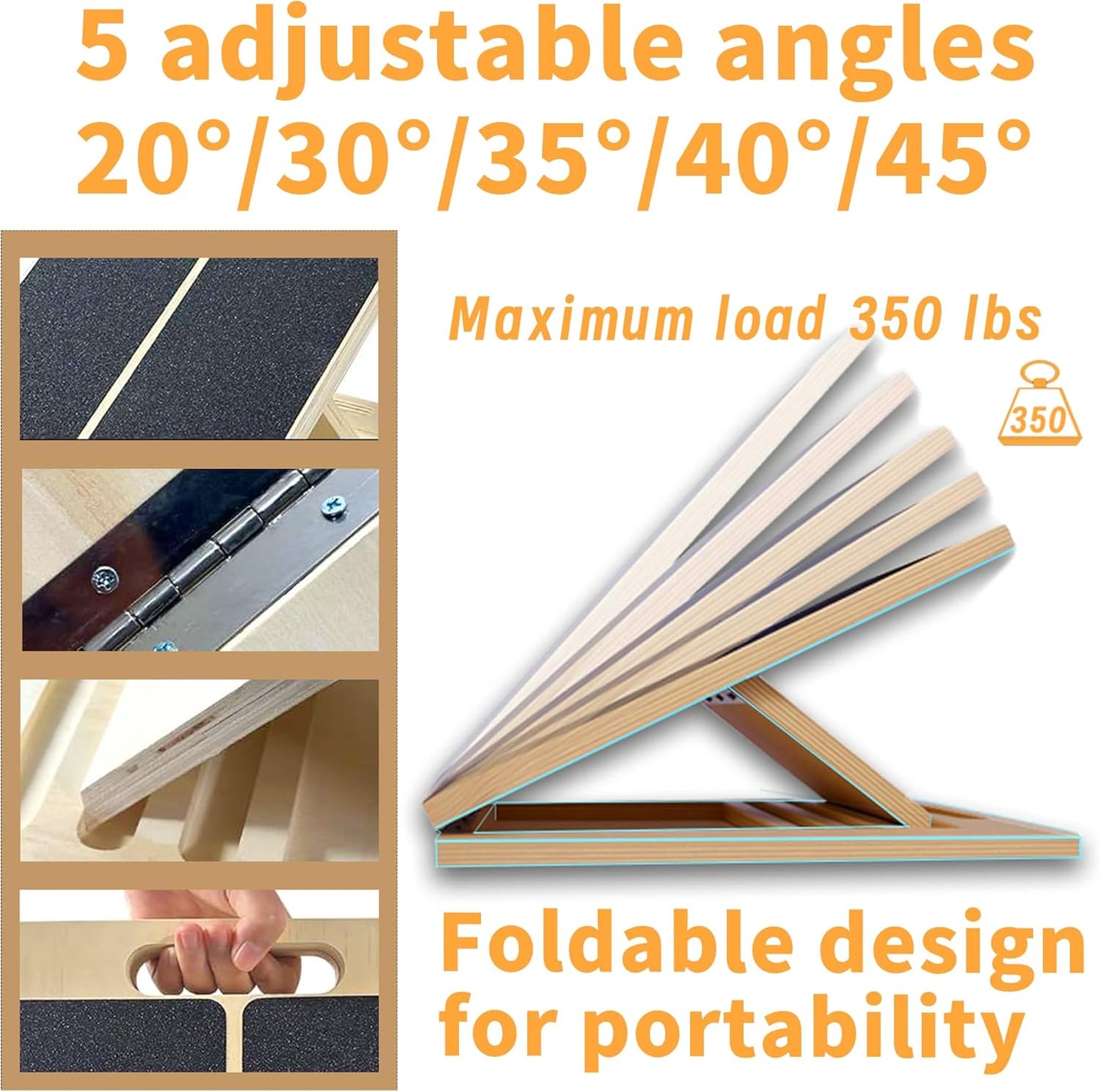 Adjustable 16.5"×12" Wooden Slant Board – 5-Angle Foldable Calf Stretcher & Squat Wedge for Home-Gym, Portable Incline Board for Physical Therapy Rehab Pilates, Ankle Knee Heel Feet Leg, 350 lb Rated