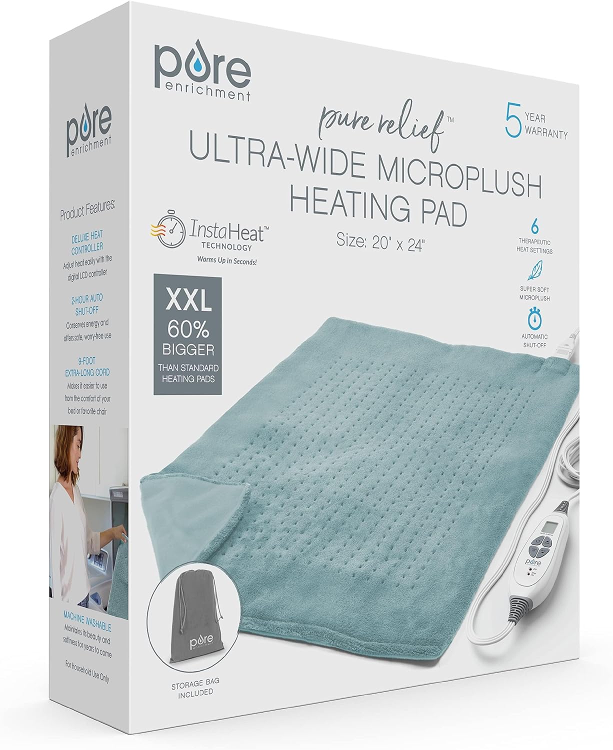 Pure Enrichment PureRelief Ultra-Wide Microplush Heating Pad - 20” x 24” XXL Size & 6 Heat Settings for Temporary Neck, Shoulder & Back Pain Relief - Moist Heat Option & Machine Washable (Gray)