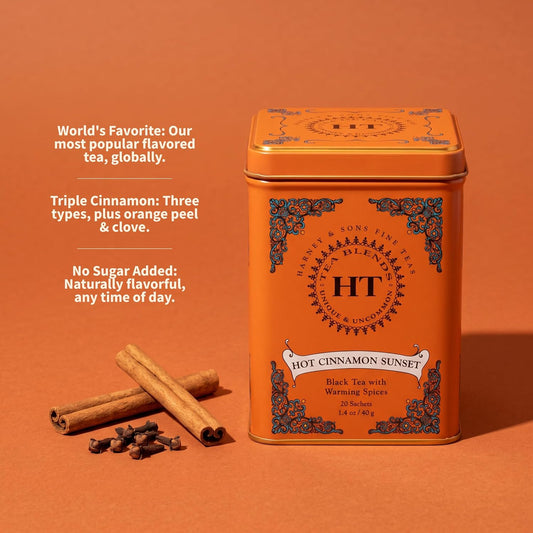 Harney and Sons Caffeinated Hot Cinnamon Sunset Black Tea with Orange and Cloves Tin 20 Sachets, Black Tea with Warming Spices (Pack of 1)