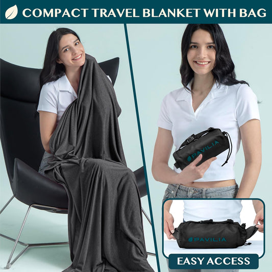 PAVILIA Travel Blanket Airplane Compact with Bag, Lightweight Soft Fleece Plane Blanket Long Flights, Camping Road Trips, Packable Travel Gift Essentials with Luggage Backpack Strap, 65x40, Purple