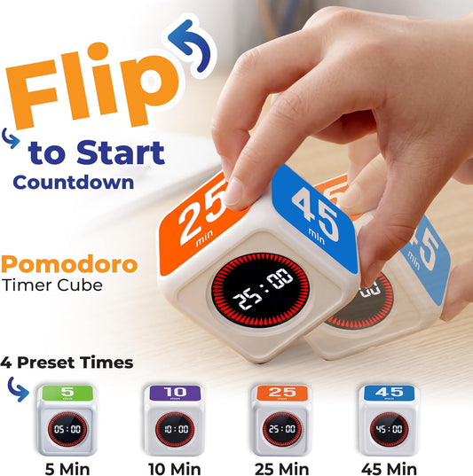 Visual Timer for Kids & Adults – Pomodoro Timer Cube with 5/10/25/45 Min Presets, Custom Visual Countdown & Count Up, Digital Classroom Timer for ADHD, Focus, Study, Work, Rechargeable