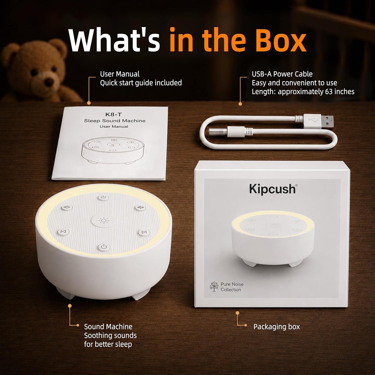 Kipcush White Noise Machine for Sleeping – High-Fidelity Non-Looping Sounds, Dimmable Night Light, USB Powered, Sleep Sound Machine for Baby, Kids & Adults (A - Model White+, Standard)