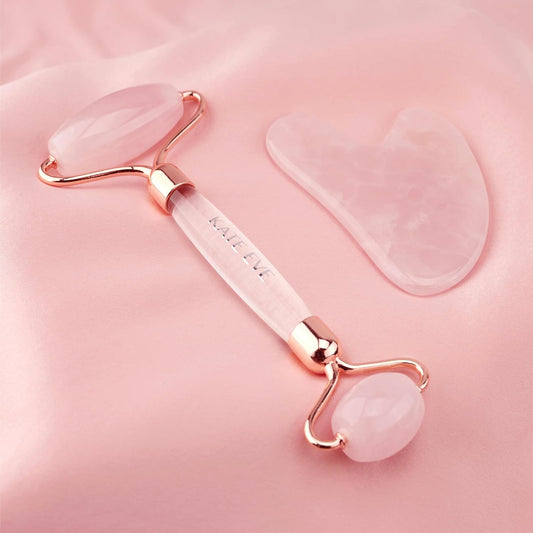 Kate Eve Rose Quartz Face Roller and Gua Sha Set, 100% Natural Brazilian Rose Quartz Facial Massage Tools, Luxury Skincare Gift Box