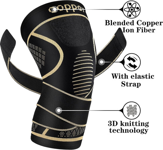 Copper Knee Support Braces with Straps for Men & Women (2 Pack, Medium)