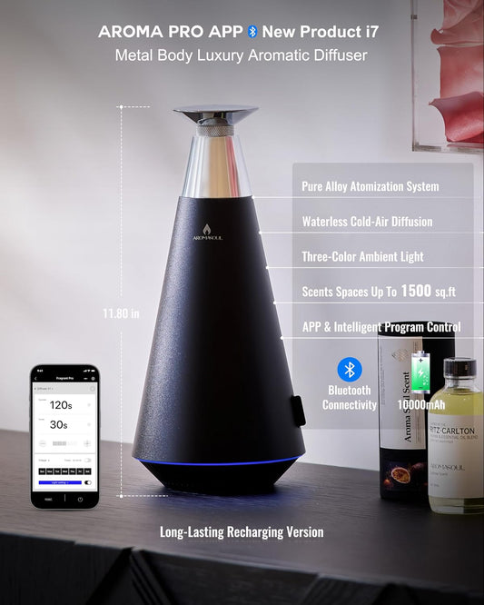 All-Metal Waterless Scent Diffuser Kit – 1500 Sq.Ft Coverage, Wireless Rechargeable,App Control, Mood Light, Hotel Scent Diffuser, Includes 5×15ml Essential Oils, for Home,Large Room,Spa,Silver