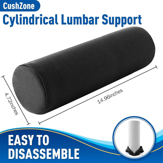 CushZone Lumbar Roll Support Pillow for Office Chair, Car, Gaming Chair, Memory Foam Back Cushion with Washable Cover for Relieving Back Pain & Improving Posture,Black