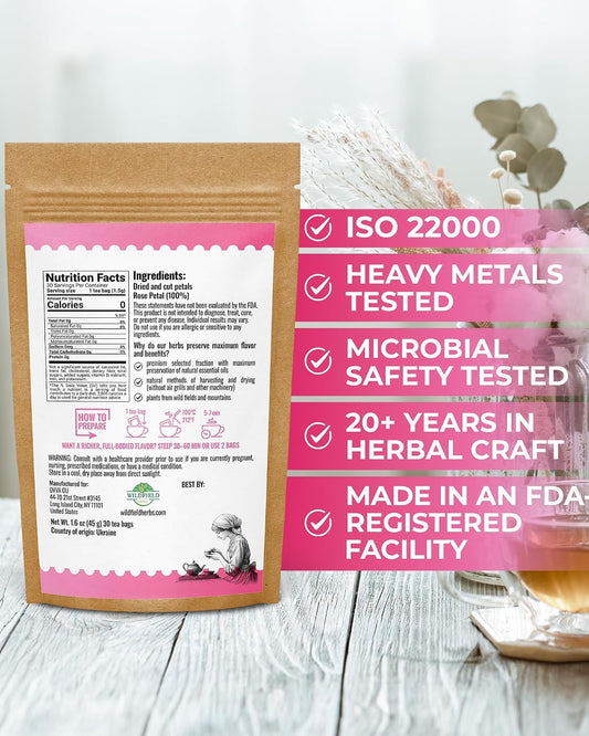 30 Bags Rose Petal Buds Herbal Tea (Rosa Damascena) - 30 Count 1g Bags Dried Rose Herb Té De Rosa