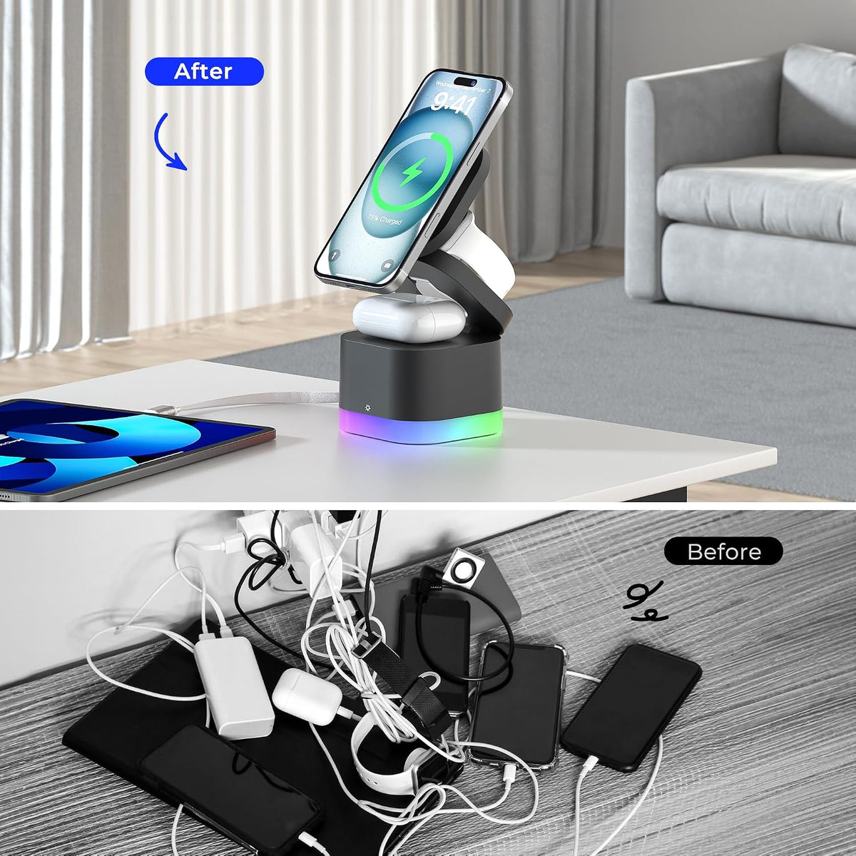 3-in-1 Magnetic Wireless Charging Station, Foldable Charger Stand