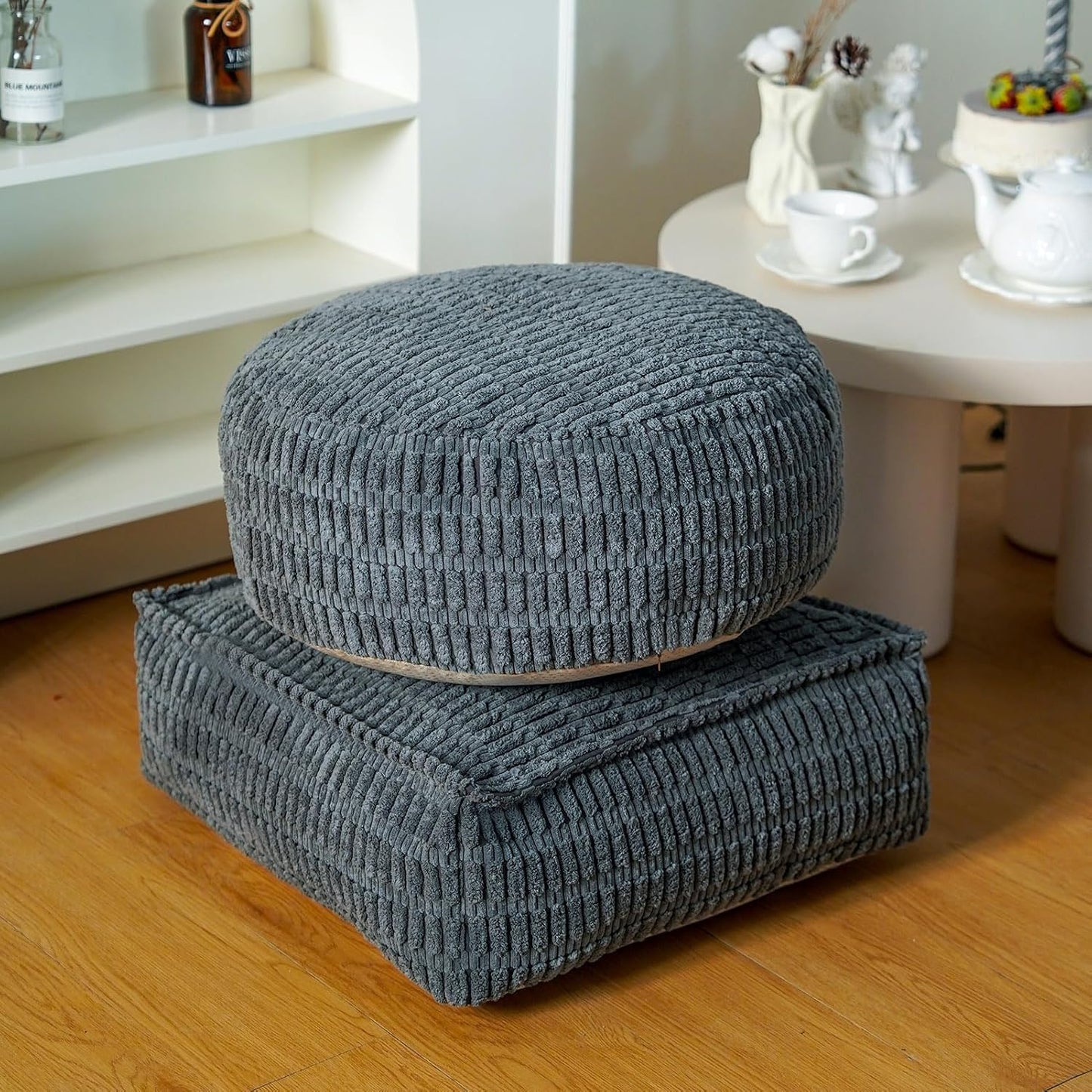 Stuffed Pouf Ottoman Soft Touch Poufs with Foam Chunk Filling Furry and Fluffy Detachable Pouf Foot Stool Storage Ottoman Floor Poufs Foot Rest for Living Room (Caramel, Round)