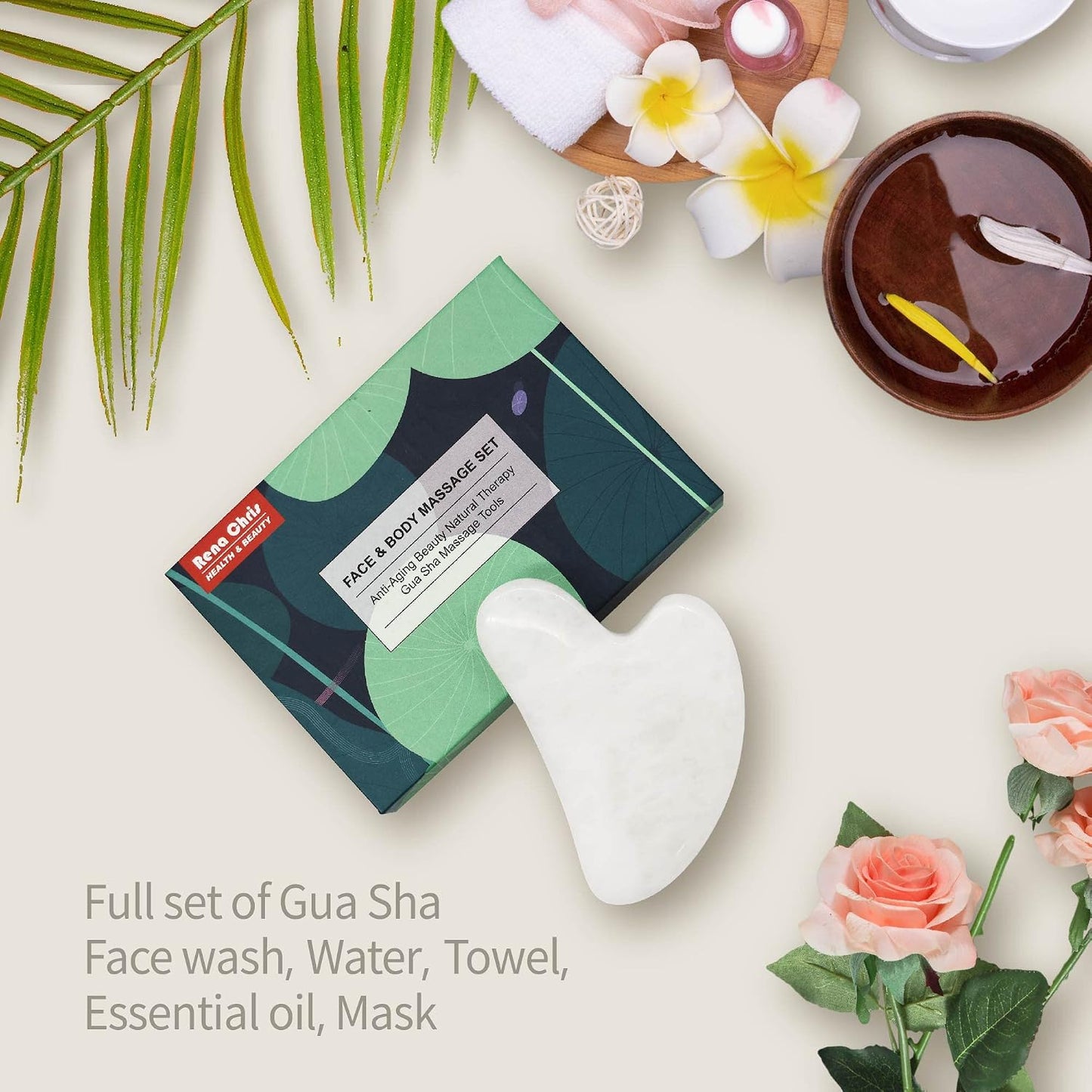 Rena Chris Gua Sha Facial Tools: Jade Stone Guasha Tool for Face Acupuncture Therapy, Facial Massager for Jawline Sculpting and Puffiness Reducing (Green)
