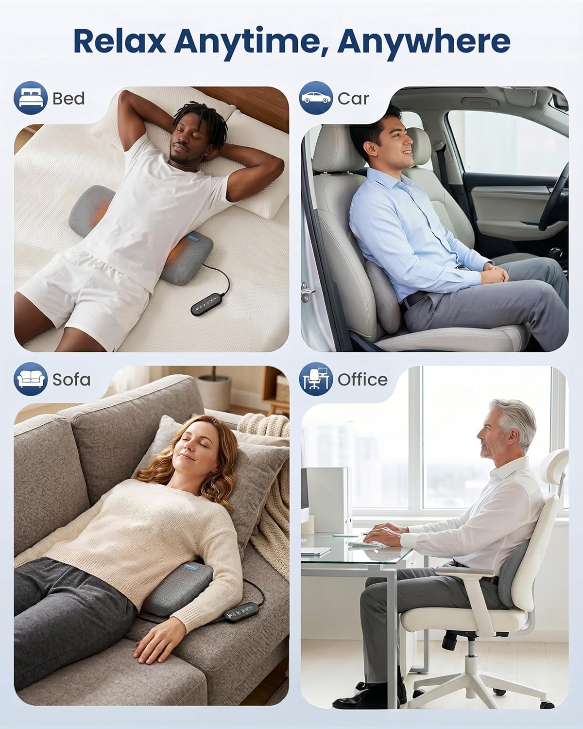 COMFIER Smooth Spine Triple Fusion Back Massager with Graphene Heat, 3-in-1 Cordless Lumbar Support Pillow with Remote Control, Vibration & Stretching, Ergonomic Lower Back Massager