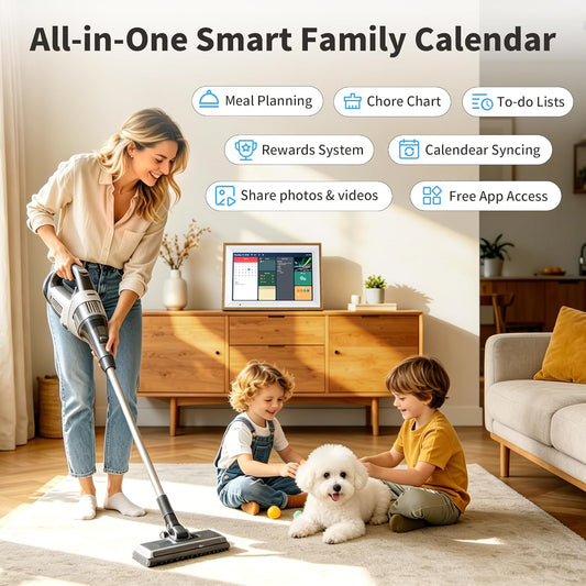 Digital Calendar, 10.1 Inch Electronic Calendar for Family Schedules, Smart Touchscreen Interactive Family Planner with Chore Chart, Meal Planner, Digital Picture Display, Gift for Mom Dad Mother (Wood Grain Color)