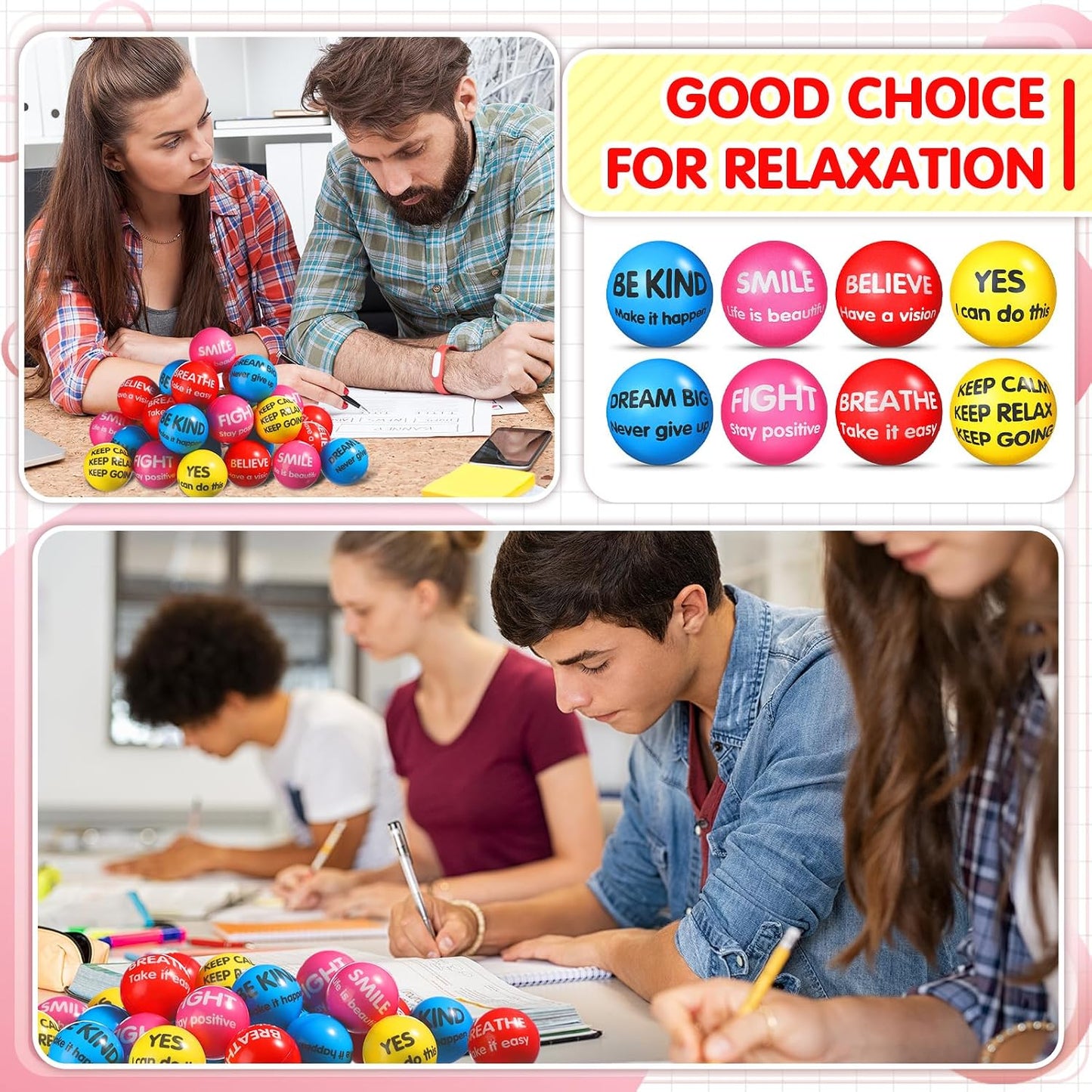 Liliful 100 Pcs Motivational Stress Balls Bulk Inspirational Squeeze Balls for Adults Anxiety Relief Fidget Toys Office Employee Gifts Classroom Rewards 2.2 Inch (Bright Colors)